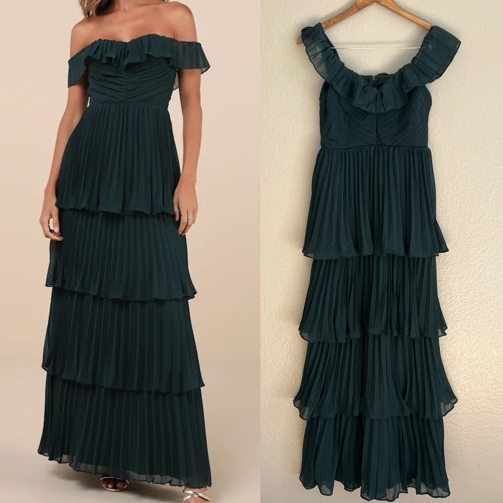 Always Remarkable Emerald Pleated Off-the-Shoulder Maxi Dress
